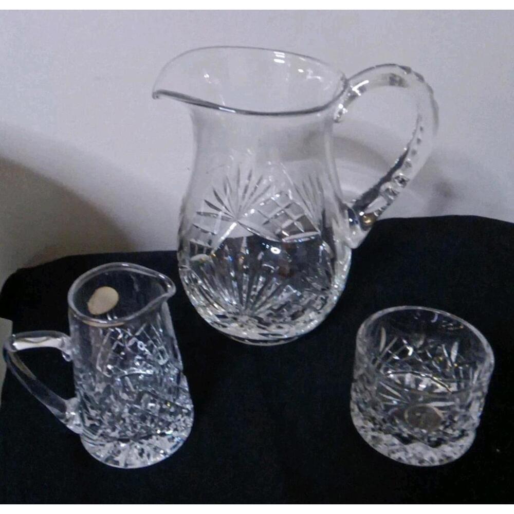 Rogaska FULL Tea Set "Richmond Cut" Crystal 40 oz. Pitcher W/ Creamer & Sugar